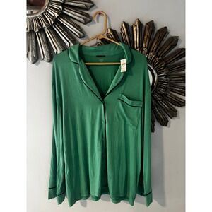 NWT Aerie Long Sleeve Pajama Top Green Navy Piping Button Down Shirt Women's L